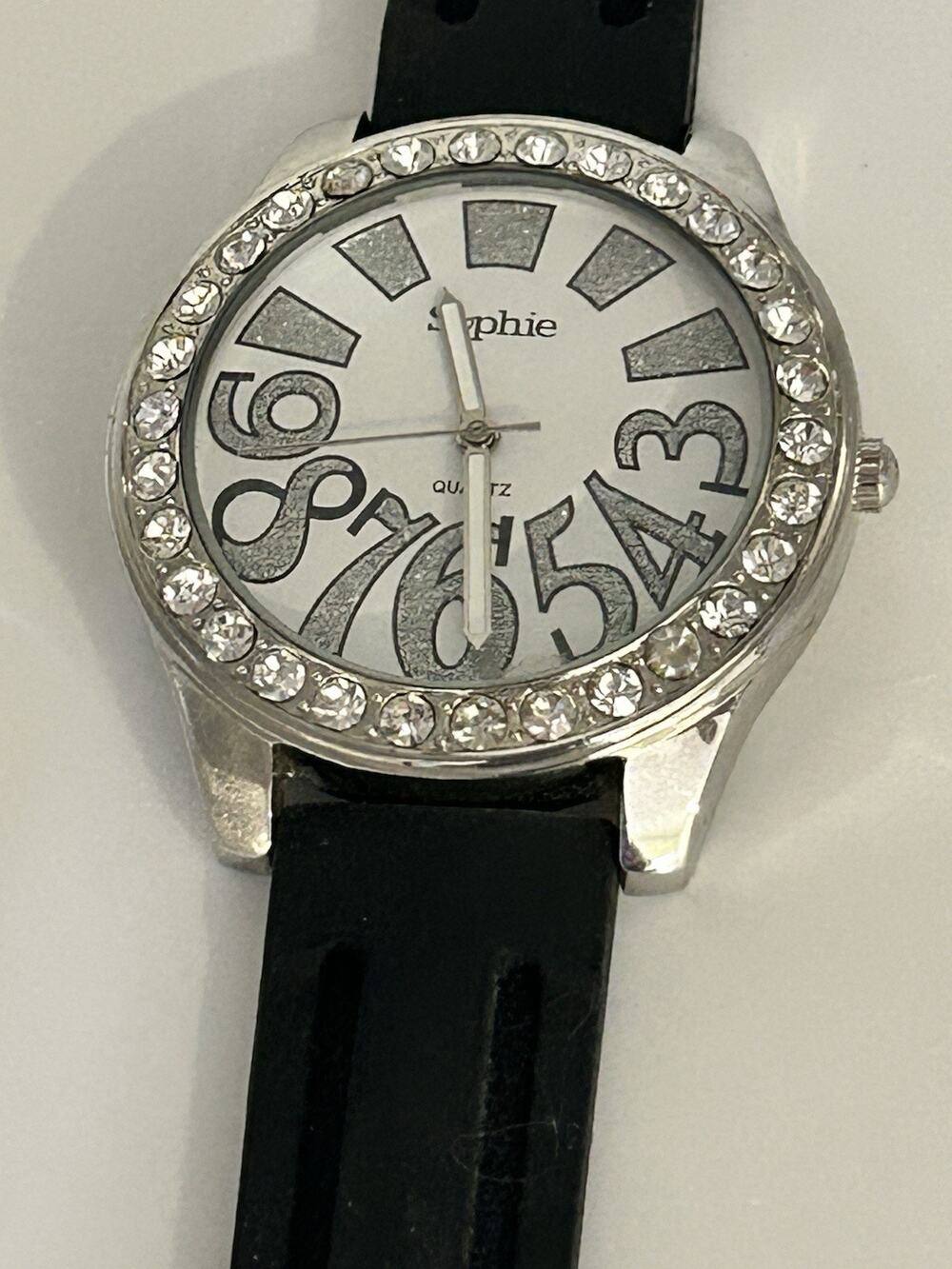 Vintage Sophie Women’s Watch Gem-Set Bezel White Black Silicone Strap